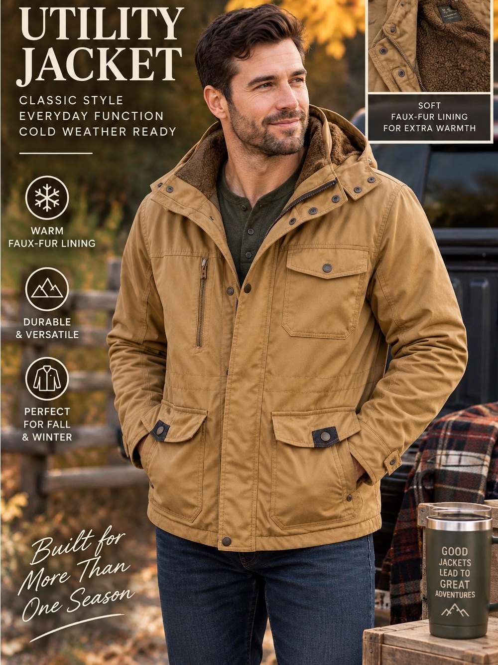 Men’s XXL Tan Utility Field Jacket Sherpa Lined Hooded Fall Winter Coat